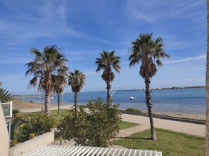 A view of a beach with palm trees and a clear blue sky. - Seaside T4 Villa in Gruissan, Air Conditioning, 80m2, Beach 50m, Sleeps 6. (Gruissan)
