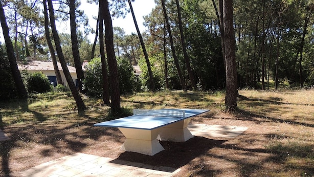 Ett bordtennisbord utomhus, placerat i ett skogsområde med träd och en byggnad i bakgrunden.