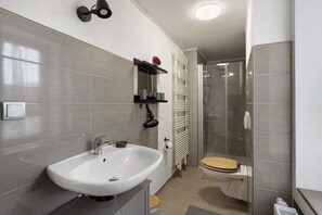 Chuveiro, secador de cabelo, toalhas de banho