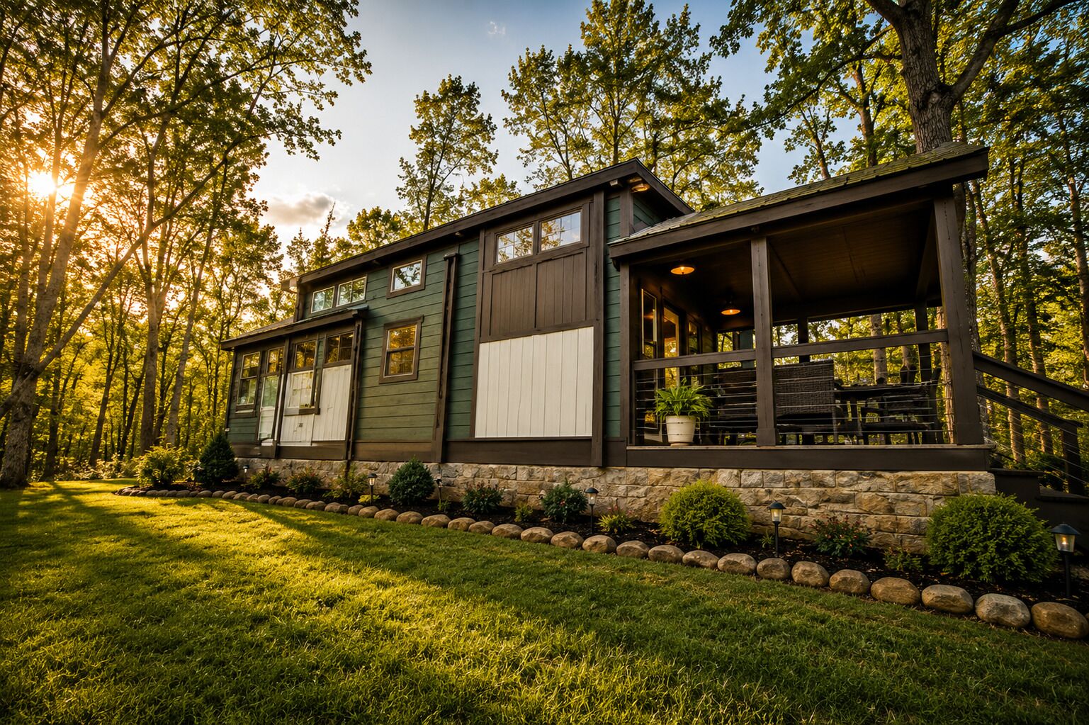 A two-story house with a stone foundation, a covered porch, and a view of a forested area.