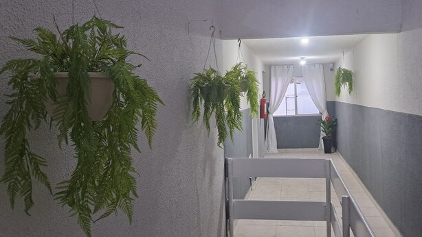 A hallway with a grey and white wall, a metal railing, and hanging plants. - POUSADA SOLAR DOS LUSITANOS (São Luís)