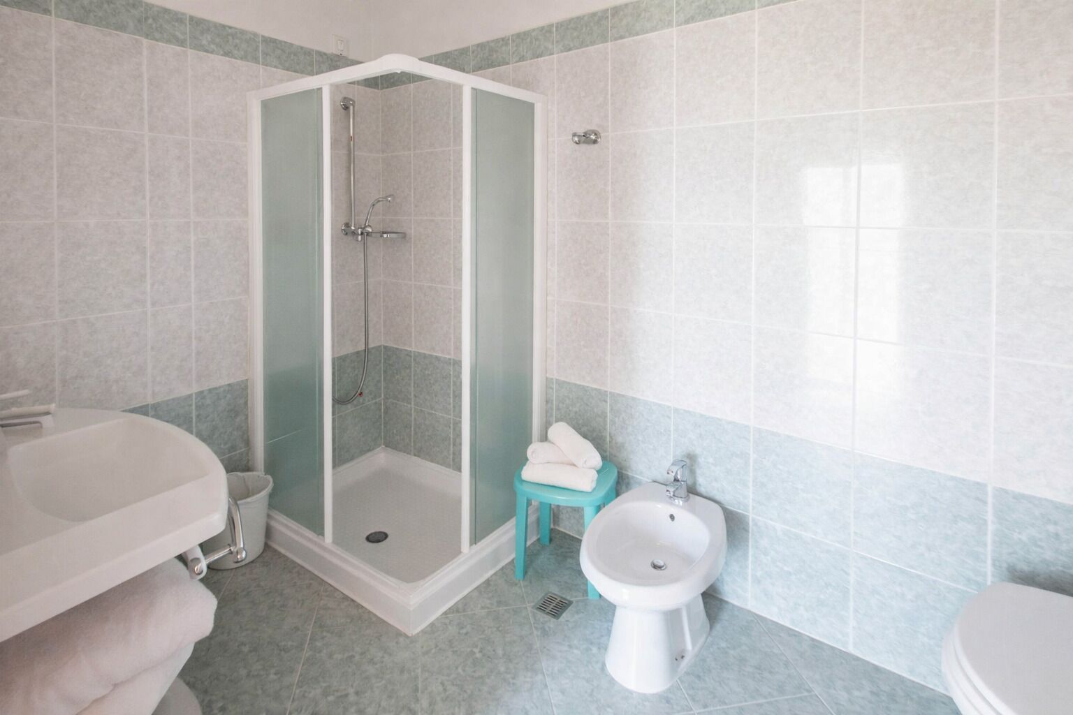 Secadora de cabello, toallas, papel de baño 