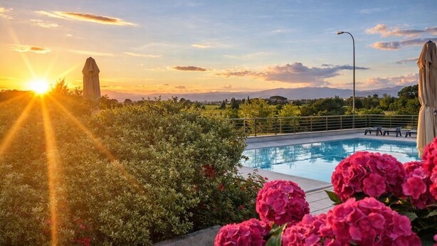 A swimming pool with a sunset view, surrounded by greenery and a statue. - Hotiday Peschiera Frassino (Broglie)