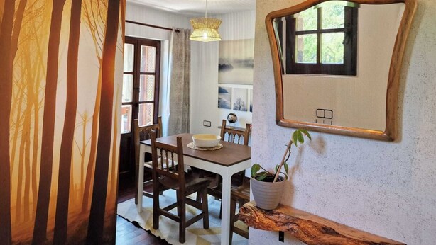 A dining area with a wooden table and chairs, a hanging light fixture, a wall-mounted mirror, and a potted plant. - Apartment 3 (Pido)