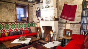 A cozy room with a fireplace, a bookshelf, and a patterned wall. - Hagiati Aleksandros - Edessa Cozy Mountain Retreat (Edessa)
