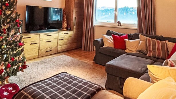 Een gezellige woonkamer met een houten plafond, een televisie, een kerstboom en een bank met kussens.