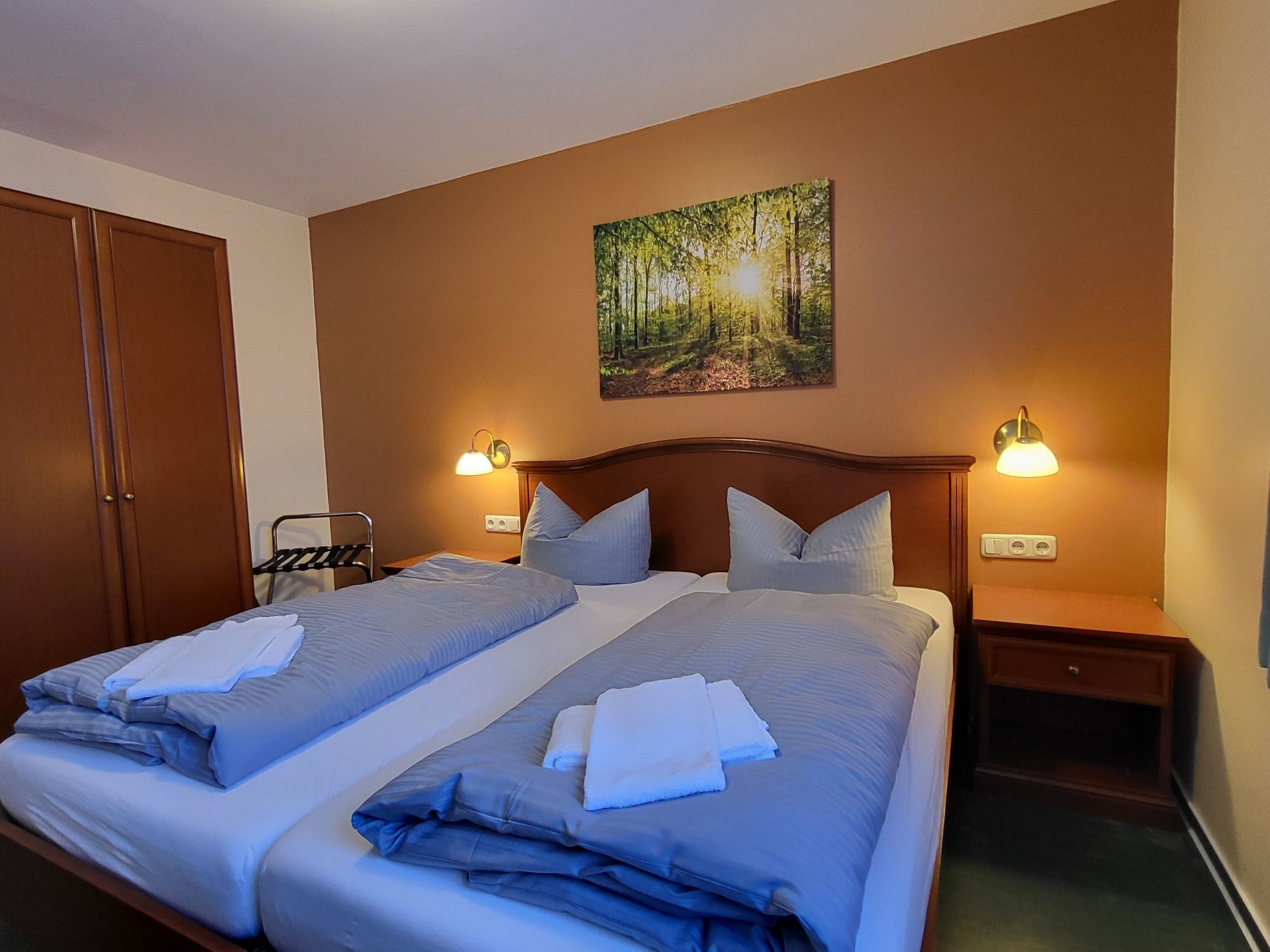 Una cama doble con dos almohadas y una toalla doblada, una mesita de noche con lámpara, un armario y un cuadro de un bosque en la pared.