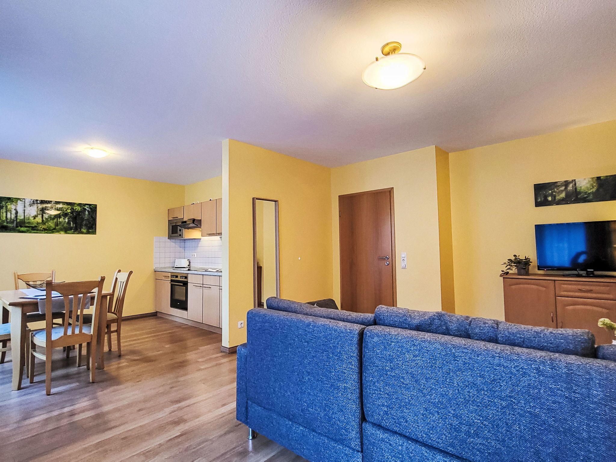 A living room with a blue sofa, a dining area with wooden chairs, a kitchen with cabinets and a microwave, and a television on a cabinet.