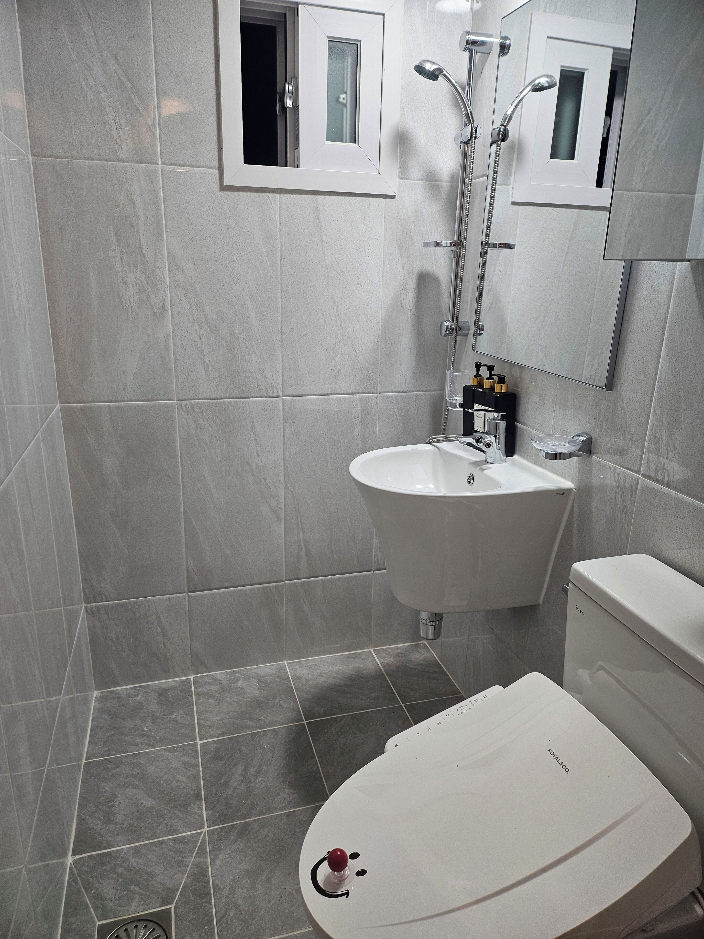 Un baño moderno con inodoro, lavabo y ducha.