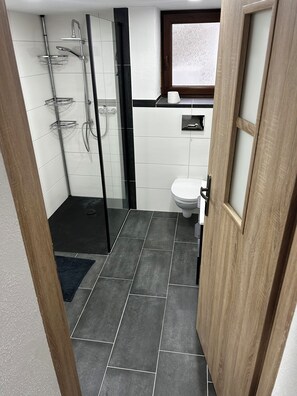 Chuveiro, toalhas de banho, papel higiênico