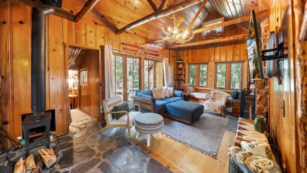 TV, fireplace - Hot Tub, Sauna & Cozy Tree Haus Escape (Idyllwild-Pine Cove)