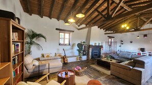 A cozy living room with a fireplace, a sofa, a bookshelf, and a guitar. - CASA DE LA LUZ-FINCA LA SIERRA (Berzocana)