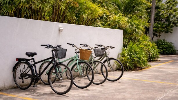 Three bicycles parked against a white wall with a concrete ground, surrounded by greenery. - Luna Studios 23  (Bacalar)