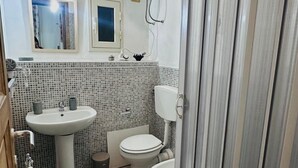Une salle de bain avec un lavabo, des toilettes et une douche.