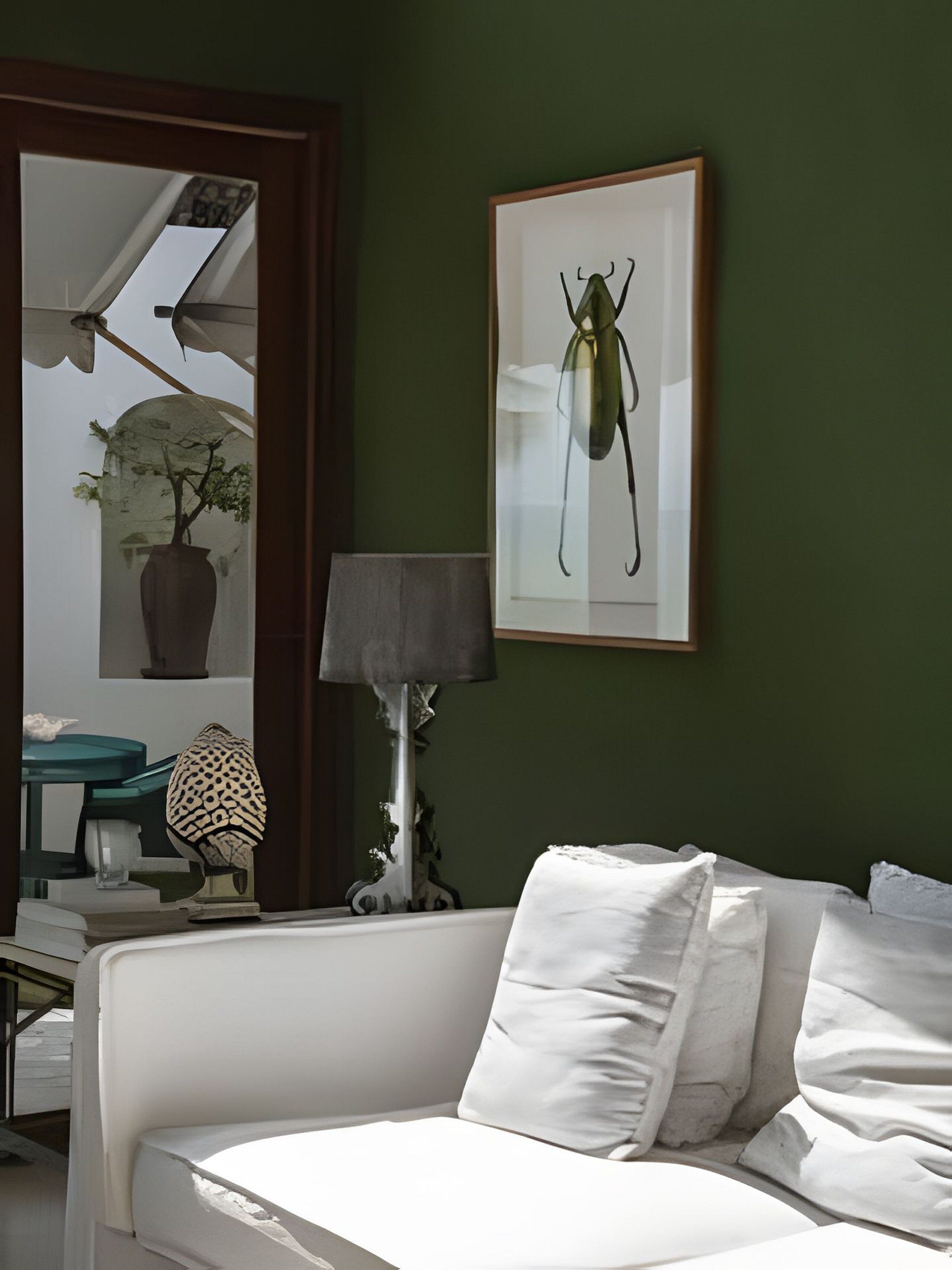 A room with a white sofa, a framed insect illustration on the wall, a lamp, and a view of a tree through a window.