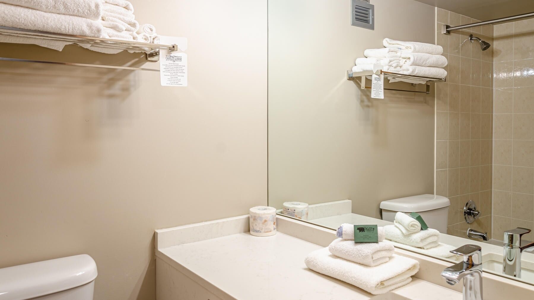 Ein Badezimmer mit Toilette, Waschbecken und Dusche. Auf der Ablage liegen Handtücher und Toilettenpapier.