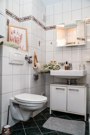 A bathroom with a toilet, sink, and mirror. - Apartment 'Ella 2' with Lake View, Balcony and Wi-Fi (Friedrichshafen)