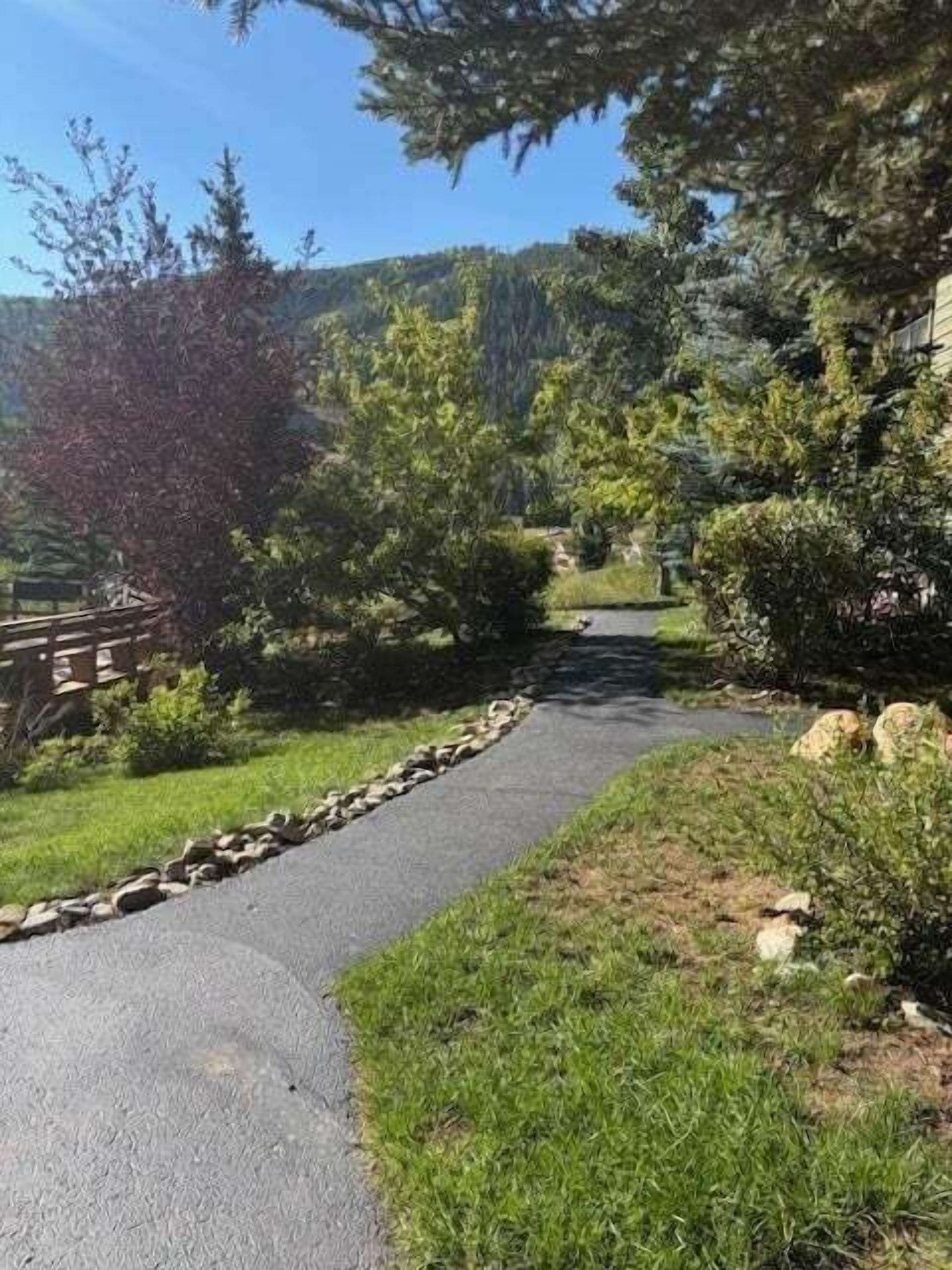 A paved pathway bordered by a stone edge, surrounded by grass and various trees, leading towards a building.