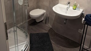 A modern bathroom with a glass shower enclosure, a toilet, a sink with a mirror, and a small shelf with toiletries.
