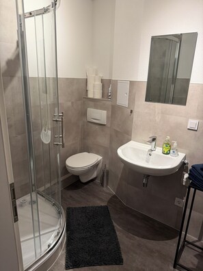 Dusche, Handtücher, Seife, Toilettenpapier