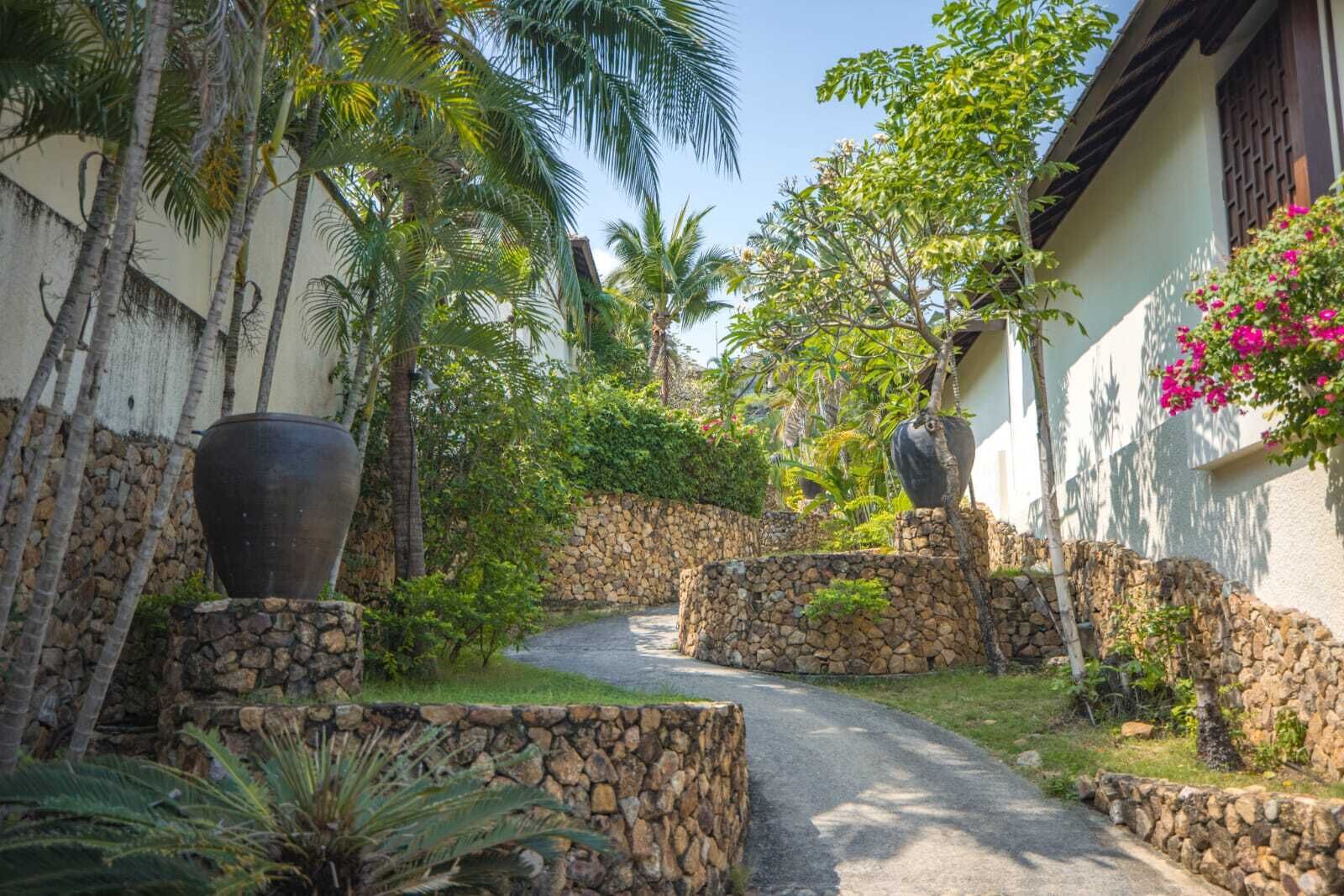 A stone pathway leading through a tropical garden with large planters and a building with a white facade and wooden shutters.