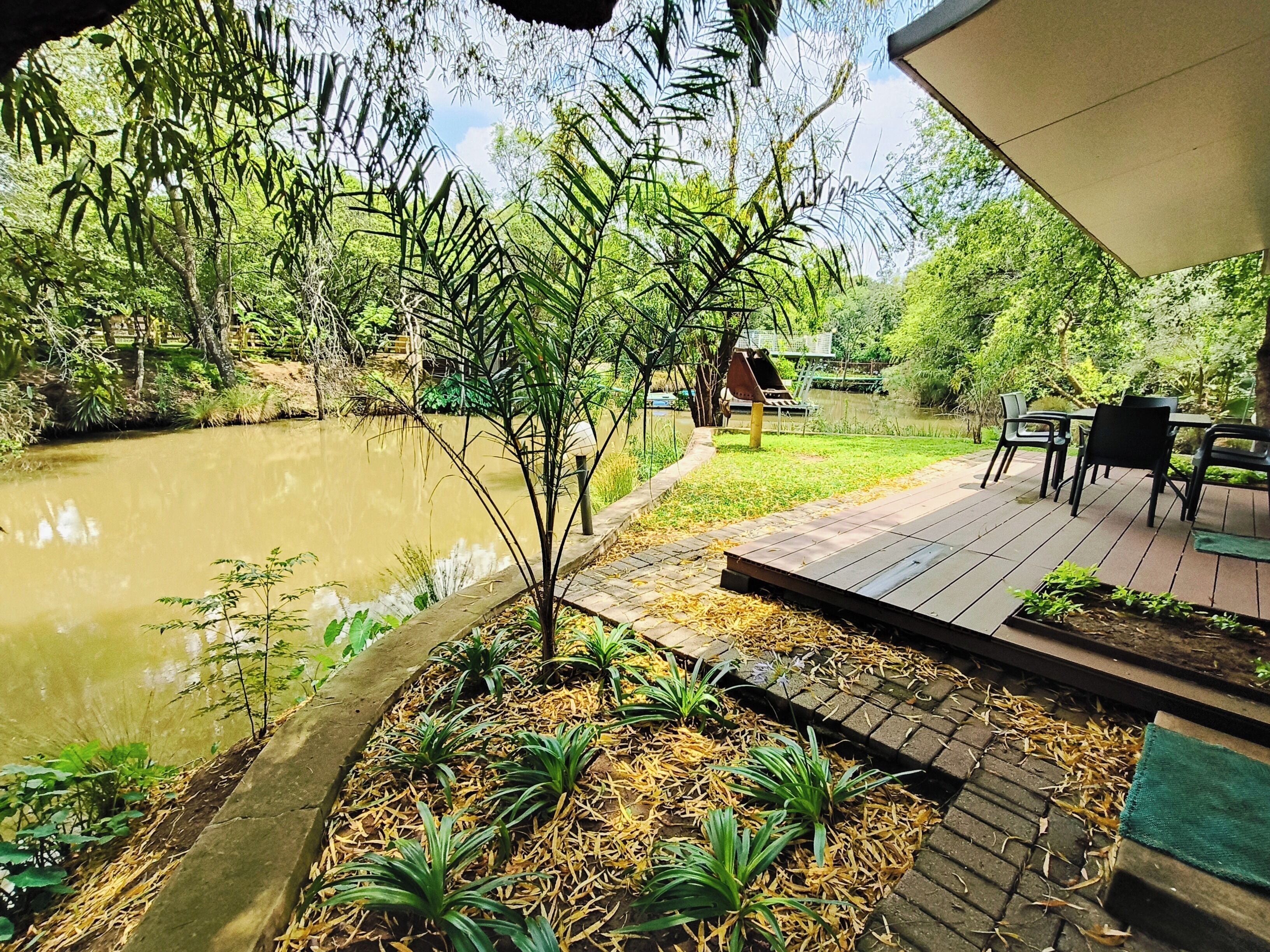 A patio area with a pond, surrounded by lush greenery and a wooden deck.