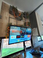 Un televisor mostrando varios servicios de transmisión, una pared de madera con estantes, y una cerca blanca visible a través de una ventana.