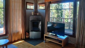 A cozy room with a fireplace, a television, and large windows offering a view of trees.