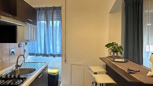 A modern kitchen with a gas stove, stainless steel sink, and a hanging light fixture. - Vatican YH (Roma)