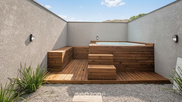 Ein moderner Außenbereich mit Whirlpool, Holzstufen und einem kleinen Pool, umgeben von einer Betonmauer und Kiesboden.