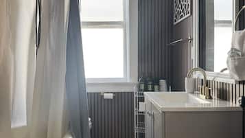 Hair dryer, towels, soap, shampoo