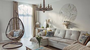 Smart TV, fireplace, books