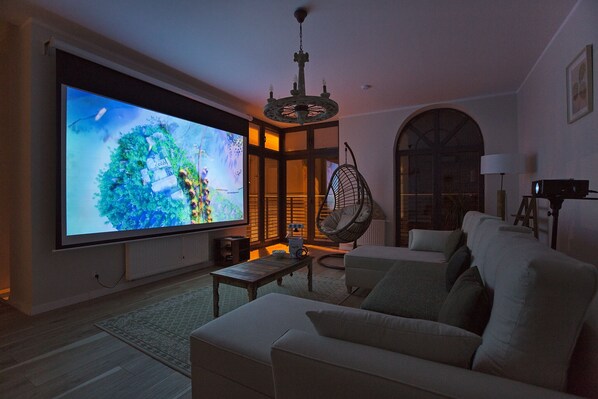 Smart TV, chimenea y libros 