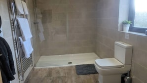 A modern bathroom with a walk-in shower, a toilet, and a sink. - The Tack Room With Hot Tub (Doncaster)