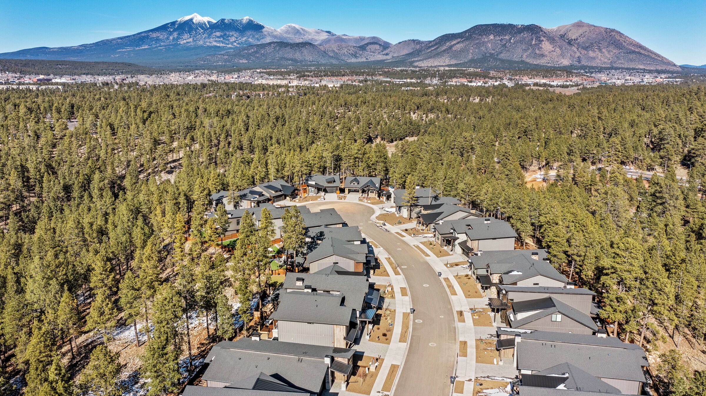 A residential area with houses arranged in a semi-circular pattern, surrounded by dense forest and mountains in the background.