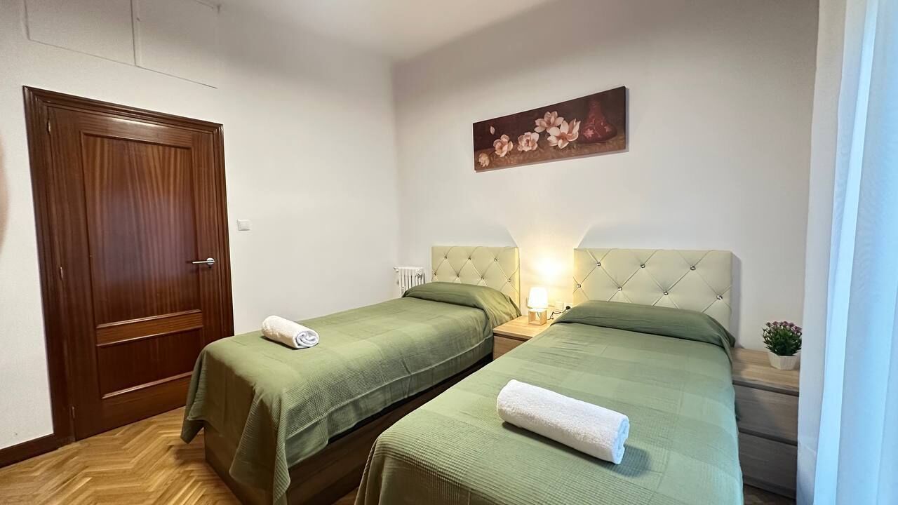 Una habitación con dos camas individuales, una puerta de madera, una obra de arte colgada en la pared y una pequeña planta en maceta.
