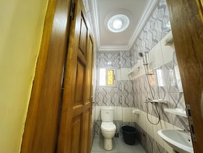 Douche, serviettes fournies, papier toilette