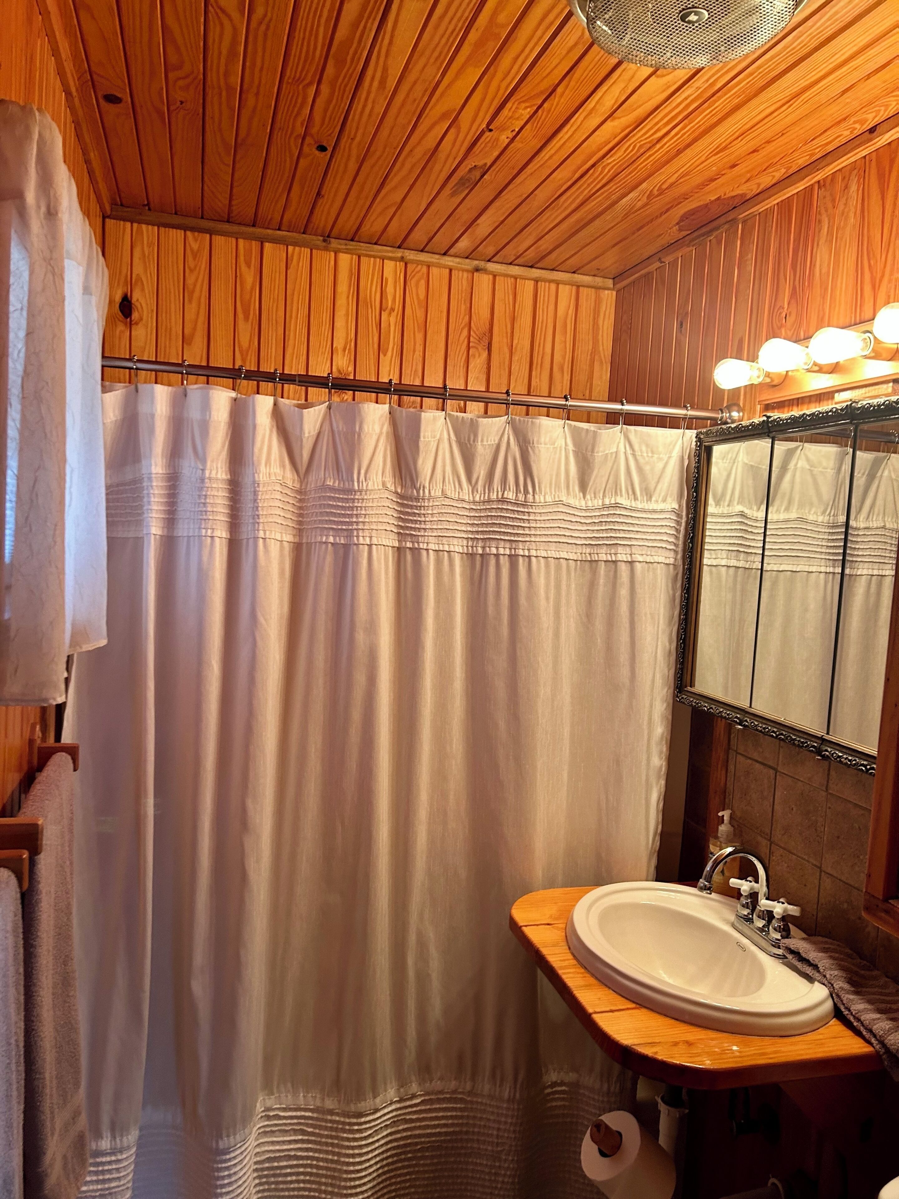 A wooden-paneled bathroom with a shower curtain, a sink, and a mirror with lights.