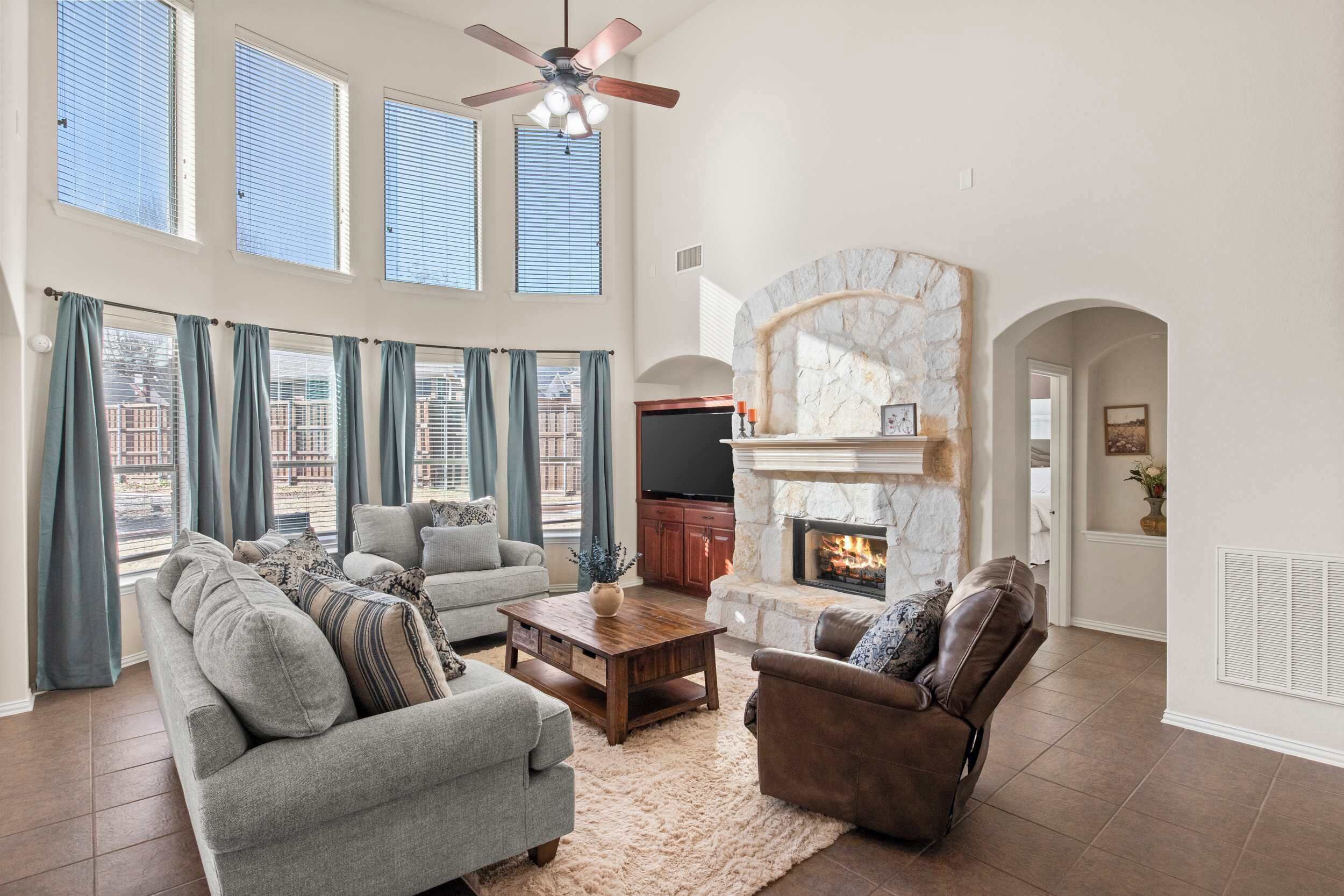 Télévision, cheminée, espaces bureaux