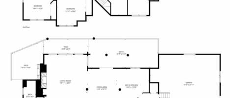 Plànol d'una casa de dos pisos, que inclou un dormitori principal, saló, terrassa, sala d'estar, menjador i garatge.