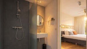 A modern bathroom with a shower, sink, and mirror.