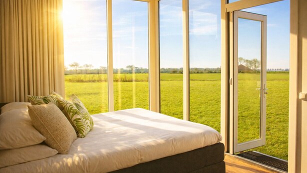 A bedroom with a large bed, a view of a green field, and a sliding glass door to the outside.