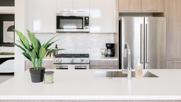 A modern kitchen with a stainless steel refrigerator, microwave, and stove. There is a sink with a faucet, a potted plant, and a candle on the counter. - 2880: Serenity in Style at Espadin (Denver)