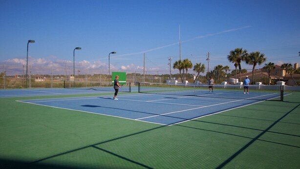 Un campo da tennis all'aperto con una rete, circondato da palme e un cielo sereno.