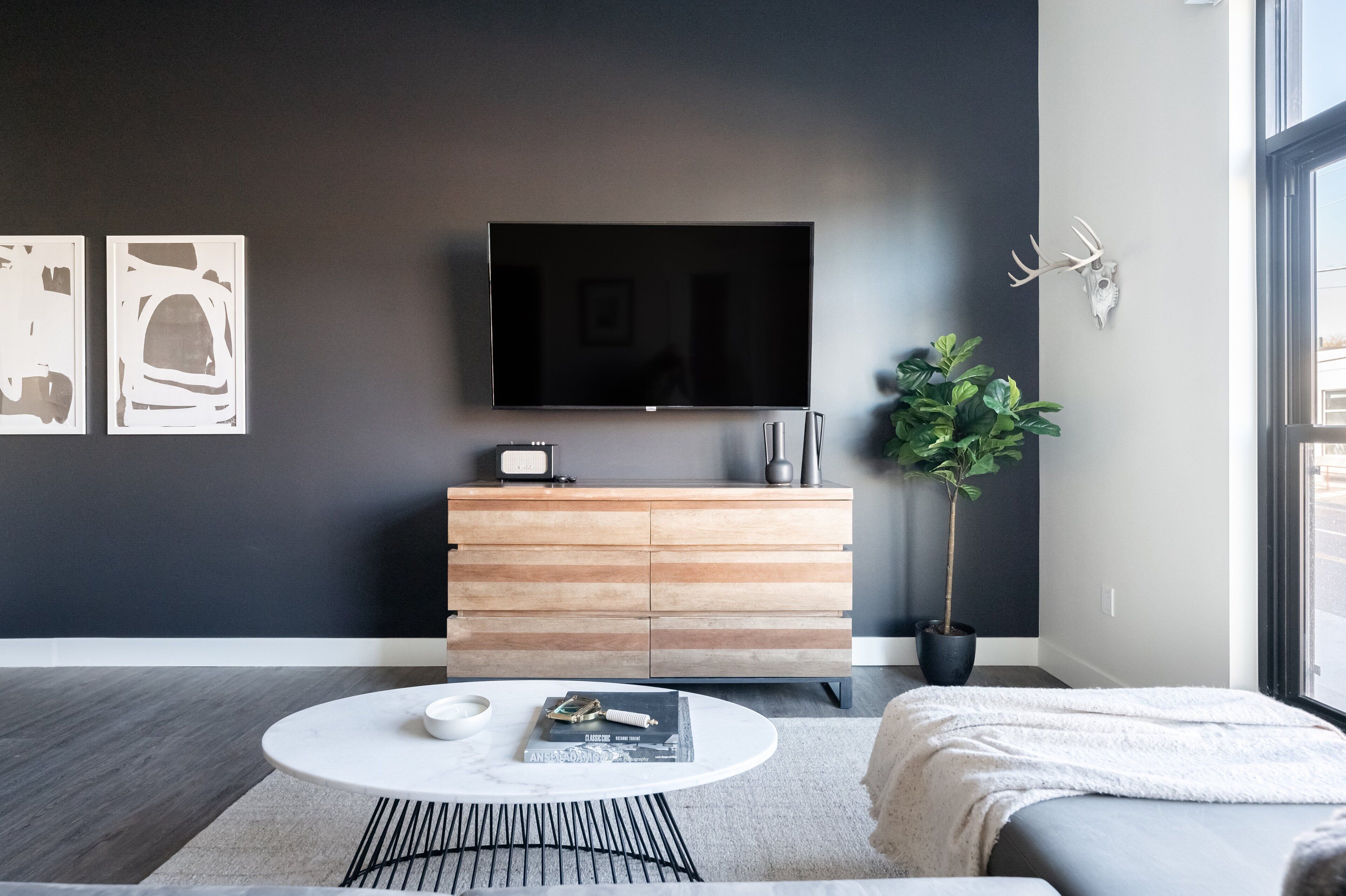 Una sala de estar moderna con un televisor de pantalla plana, un mueble de madera y una planta en maceta.