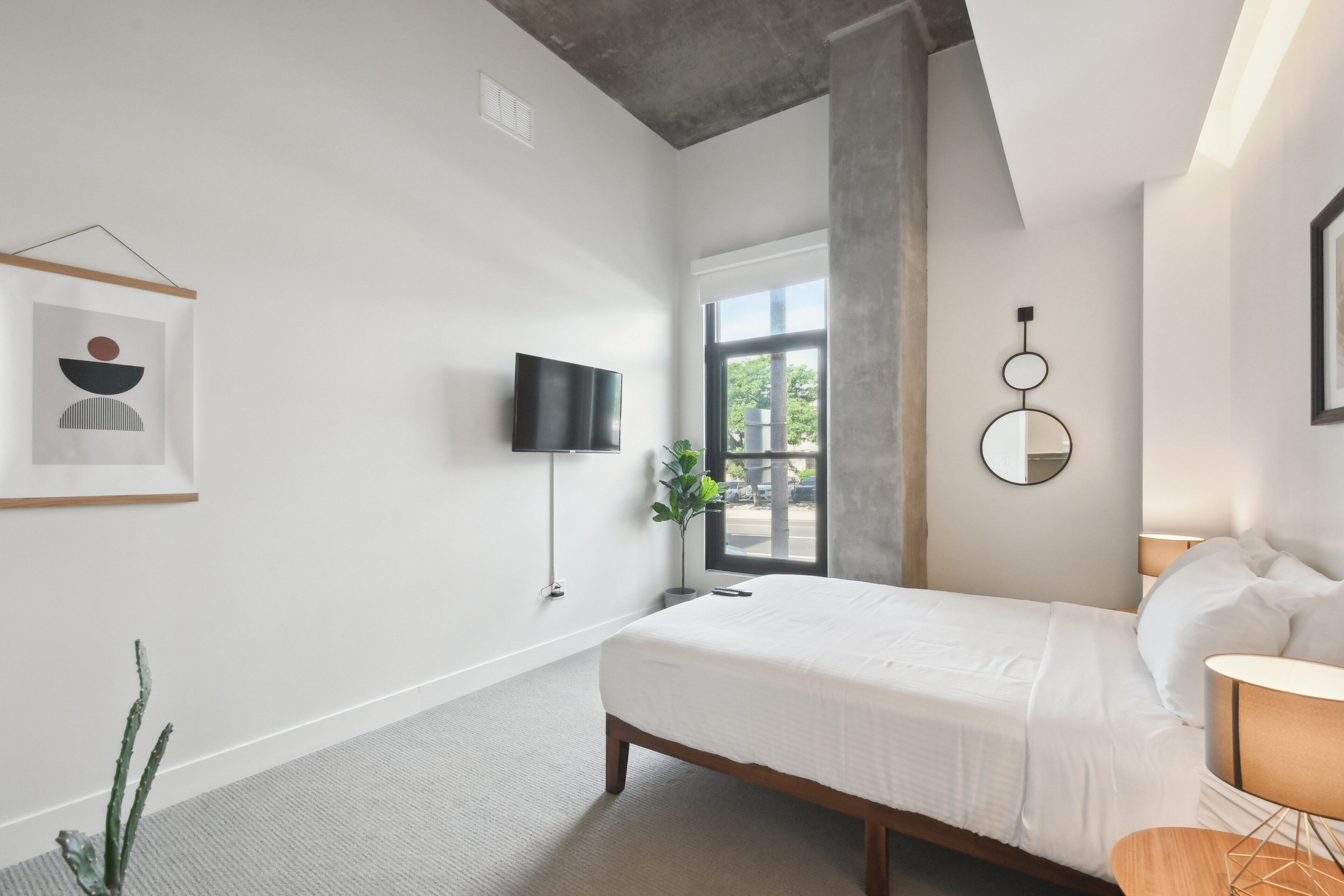 A modern bedroom with a bed, a TV, a potted plant, and a window with a view of the outside.