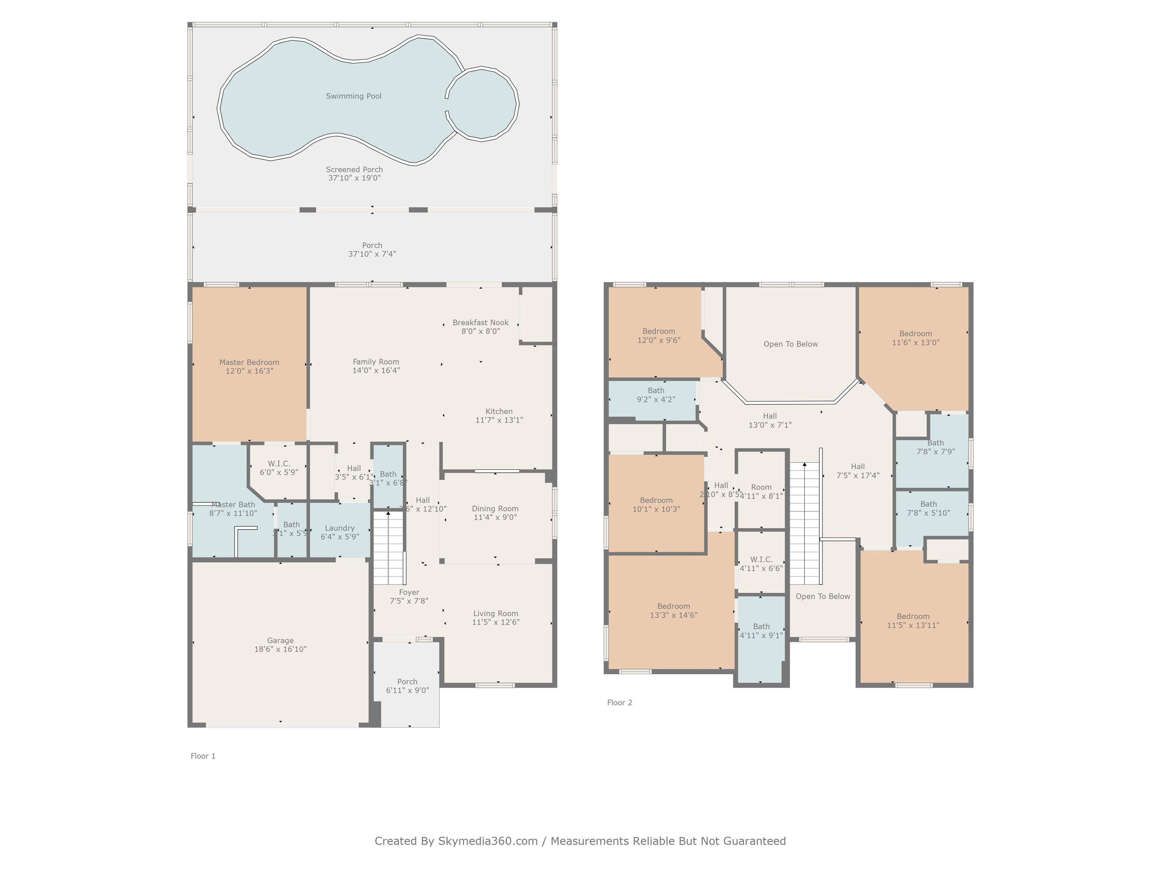 Un plan d’étage d’une maison comprenant une piscine, deux chambres, une cuisine, une salle à manger, un salon et un garage.