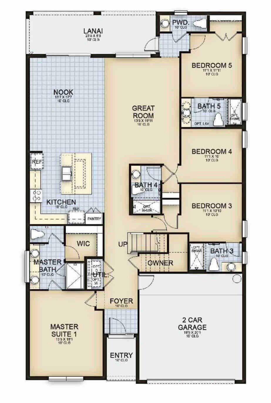 Een plattegrond van een woonhuis met een hoofdslaapkamer, keuken, badkamer, twee slaapkamers, twee badkamers, een veranda, een hal, een garage en een ruime woonkamer.