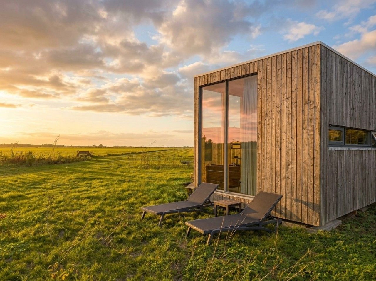 A modern wooden cabin with a glass door, two lounge chairs, and a view of a grassy field.