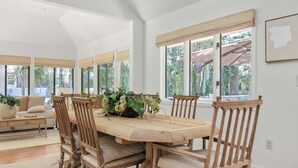 A dining area with a wooden table and chairs, surrounded by large windows and a view of greenery. - 2908 Captain Sams (Seabrook Island)